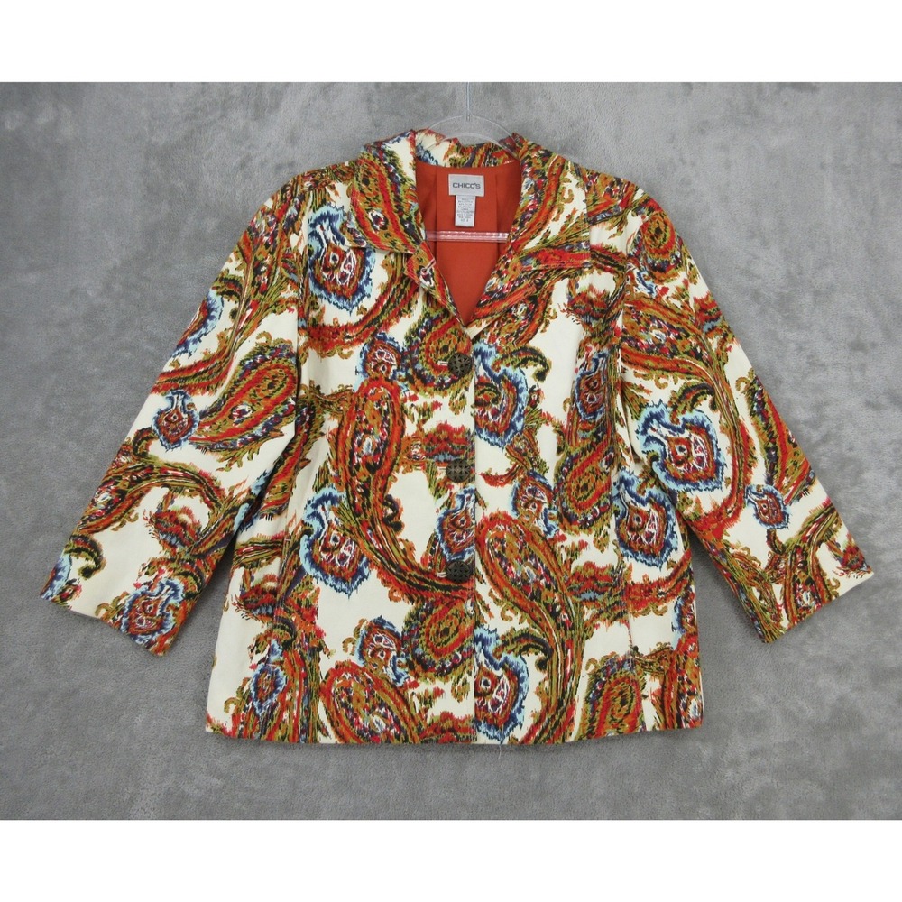 Chicos Blazer Womens Size 2  L Paisley Boho Button Art to Wear Jacket Career